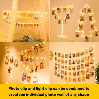 HXWEIYE 50LED Photo String Lights - Warm White 16.4Ft Battery-Powered Fairy Lights with Clips & Hooks for Pictures