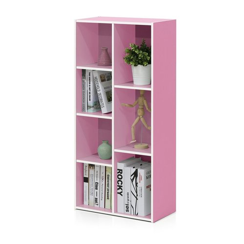 Furinno LUDER Book Shelf, 7-Cube Bookshelf, Bookcase with Open Shelves, 9.4 x 19.5 x 41.7, Easy Assembly, for Living Room, Bedroom, Home Office, White/Pink