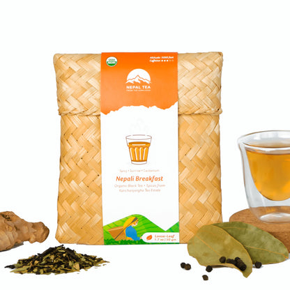 NEPAL TEA Organic Chai Tea Loose Leaf - Certified Organic Black Tea with Ginger, Cinnamon & Cardamom - Single Origin from Farm in the Himalayas - 1.7 Oz / 50g Loose Leaf Black Tea (Nepali Breakfast)