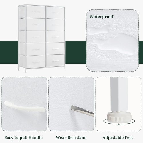 10-Drawer Dresser for Bedroom, Anti-Tip Tall Storage Organizer Chest of Drawers with Wooden Top and Metal Frame Fabric Bins for Closet, Living Room, Hallway, Entryway, White