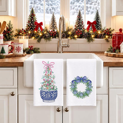 Chinoiserie Christmas Kitchen Towels, 16x24 in, Set of 2 with Blue Bow – Holiday Hand Towels