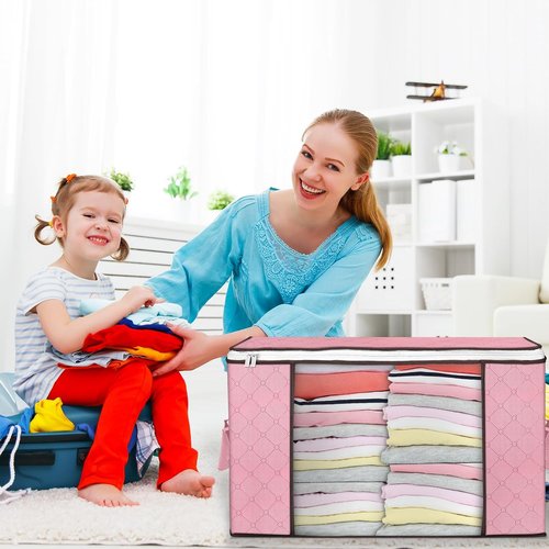 Budding Joy 90L Large Storage Bags - 4 Pack Foldable Closet Organizers for Clothes, Blankets & Toys | Pink