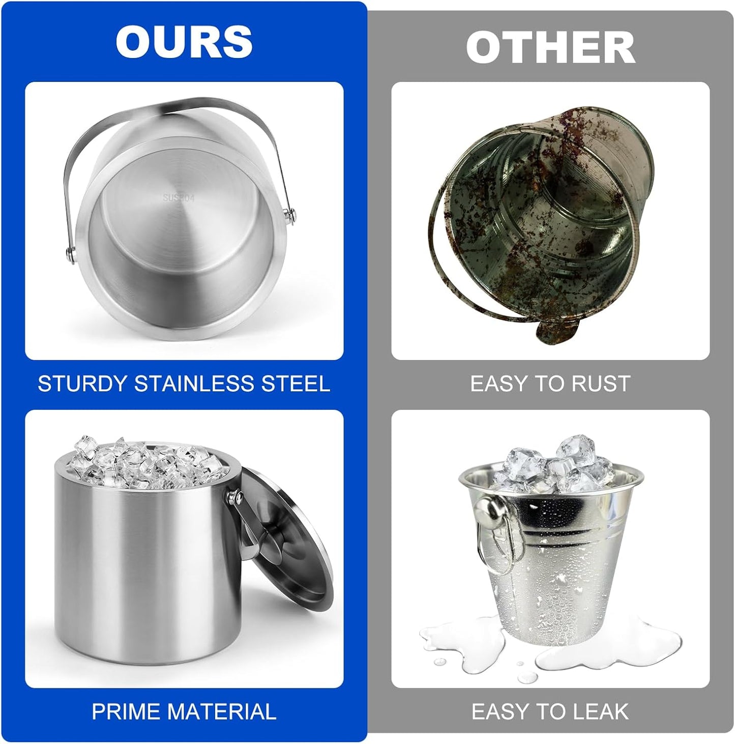 Portable Ice Buckets for Parties,3 Liter Double Wall Ice Bucket with Lid,Scoop,Tongs,Handle,Stainless Steel Ice Container to Keep Ice Frozen Longer- Ideal for Cocktail Bar,Camping,Chilling Beer/Wine