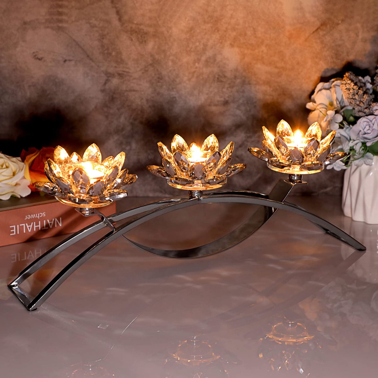 OwnMy 3 Arms Crystal Lotus Tealight Candle Holders Crystal Lotus Flower Votive Candle Stands, Decorative 3-Arms Crystal Lotus Candelabra Metal Crystal Lotus Candlestick Holder for Table Centerpiece