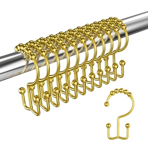 LBYOJKD Double Sided Shower Curtain Hooks with Smooth Gliding Roller Balls, Rustproof Metal Hooks for Curtain and Liner, Set of 12 for Standard and Curved Shower Rods - Gold