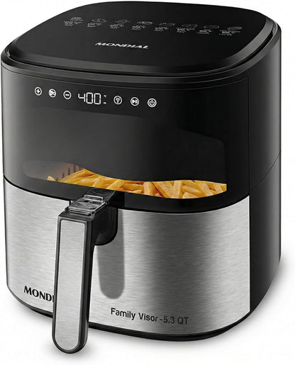 Mondial Air Fryer - Digital 5.3QT Capacity with High Power & Elegant Stainless Steel Finish - Black/Inox