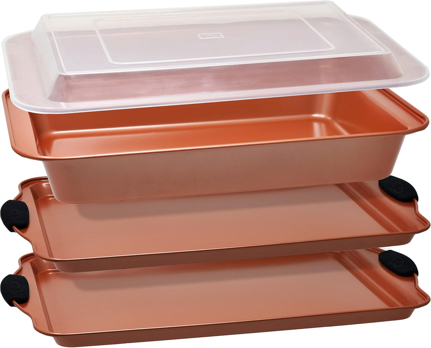 Perlli Nonstick Baking Sheet Set - 4-Piece Copper Carbon Steel Bakeware with Silicone Grips | Includes 2 Cookie Sheets & Baking Pan with Lid
