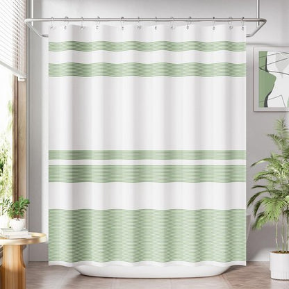 AmazerBath Shower Curtain, Washable Cloth Sage Green with 12 Shower Curtain Hooks, Fabric Green and White Striped Set, Farmhouse Bathroom Shower Curtain, 72x72 Inches
