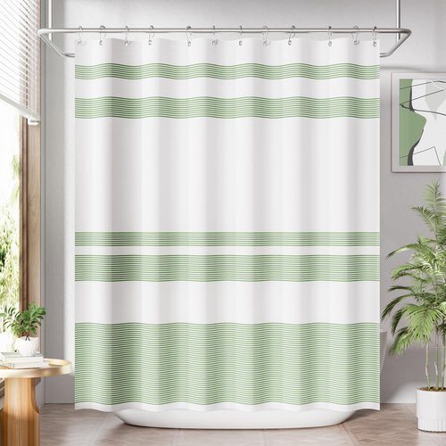 AmazerBath Shower Curtain, Washable Cloth Sage Green with 12 Shower Curtain Hooks, Fabric Green and White Striped Set, Farmhouse Bathroom Shower Curtain, 72x72 Inches