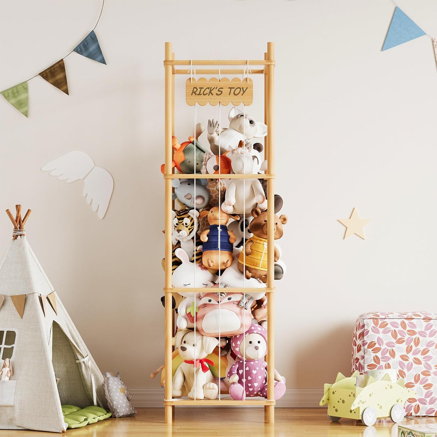 SpaceAid Stuffed Animal Storage Organizer - Large Capacity Plush Toy Holder for Playroom | 15.8" Wide, Natural Finish
