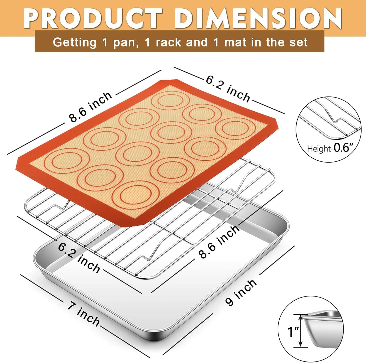 P&P CHEF 9-Inch Baking Sheet Pan Set - Stainless Steel Oven Tray with Rack & Silicone Mat, Dishwasher Safe