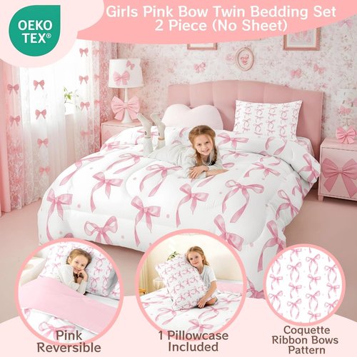 Erosebridal Twin Bedding Set - Cute Pink Bow Comforter for Girls | Kawaii Room Decor with 1 Pillowcase