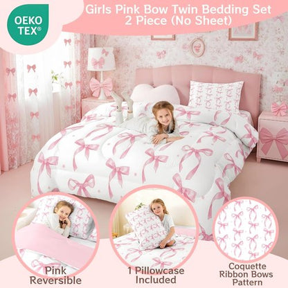 Erosebridal Twin Bedding Set - Cute Pink Bow Comforter for Girls | Kawaii Room Decor with 1 Pillowcase