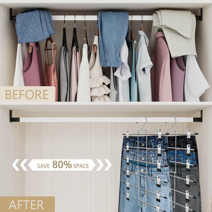 Skiennix Pants Hangers with Clips - Space-Saving 6-Tier Closet Organizer | 360° Swivel Hook - 4 Pack