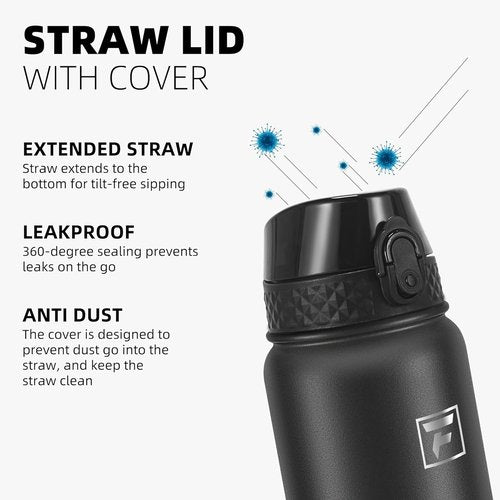 Fanhaw 20 Oz Insulated Stainless Steel Water Bottle - Leakproof Straw Lid | Black Sports Bottle for All