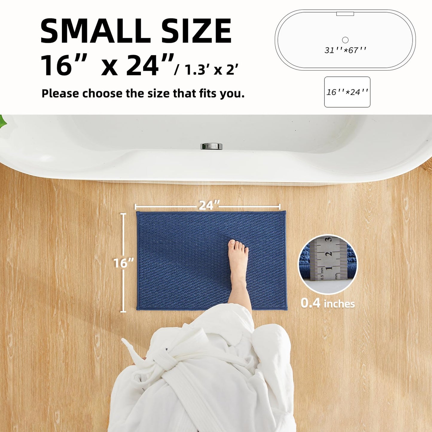 TYUU Bathroom Rugs Non Slip Washable, Super Absorbent Thin Bath Mat Small Quick Dry Low Pile Bathroom Rug, Navy Blue 16"x24"
