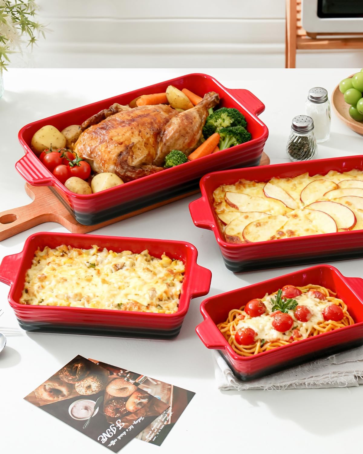 Skiennix Casserole Dishes - Heat-Resistant Ceramic Bakeware Set of 4 | Ideal for Lasagna, Cake & More (Red, 9.4"-14.7")
