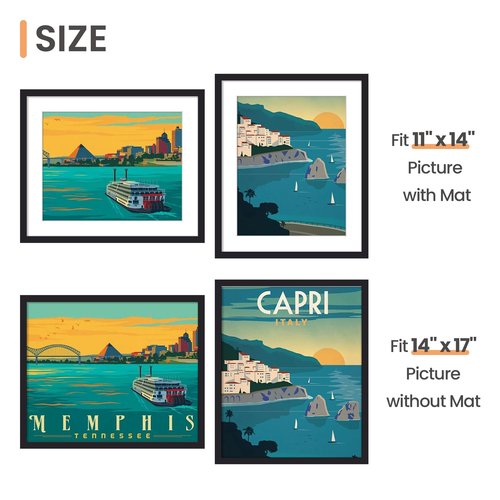 upsimples 14x17 Picture Frame, Display Pictures 11x14 with Mat or 14 x 17 Without, Wall Hanging Diploma Frames, Black, 1 Pack
