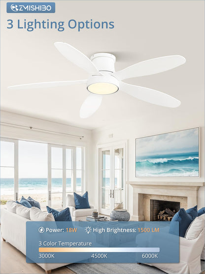 ZMISHIBO 52 Inch Flush Mount Ceiling Fans, Low Profile Ceiling Fan with Light and Remote, Modern LED Ceiling Fan Lighting Fixture for Bedroom, Kitchen, Indoor-White