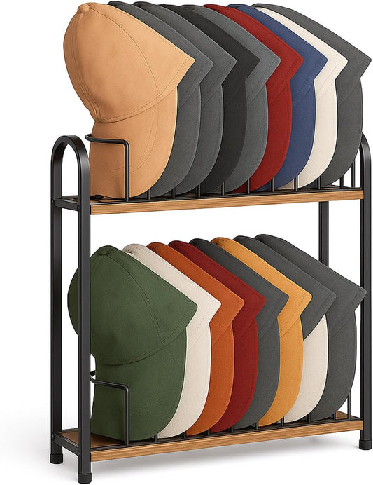 SWTYMIKI Hat Stand | 2-Tier Wood & Metal Organizer - Removable Tabletop Rack for 20 Caps (Black)