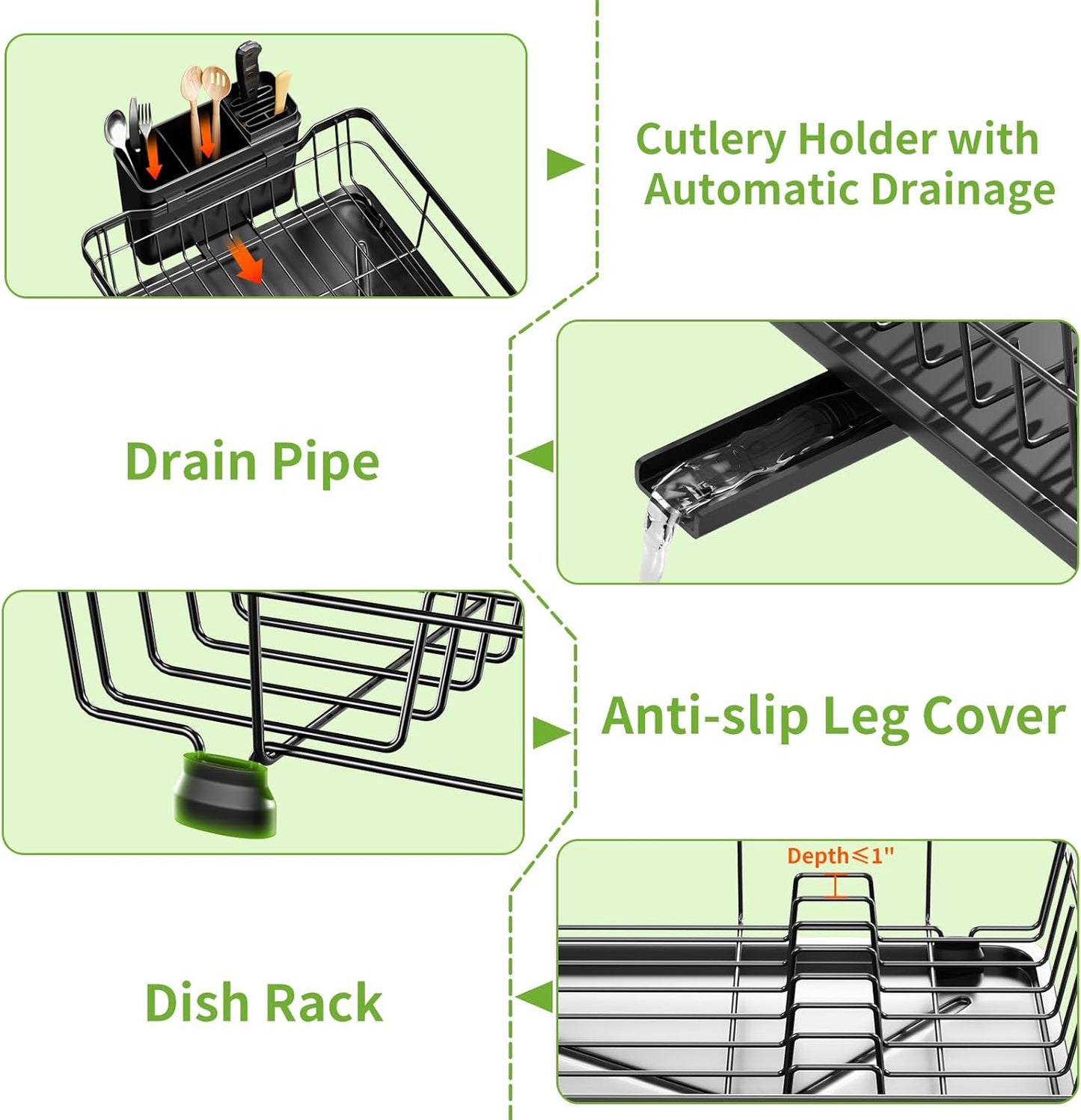 Small Dish Drying Rack by [Brand Name] - Space-Saving Kitchen Organizer with Cutlery Holder | 11''W x 15''L, Black