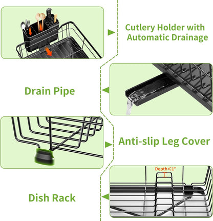 Small Dish Drying Rack by [Brand Name] - Space-Saving Kitchen Organizer with Cutlery Holder | 11''W x 15''L, Black