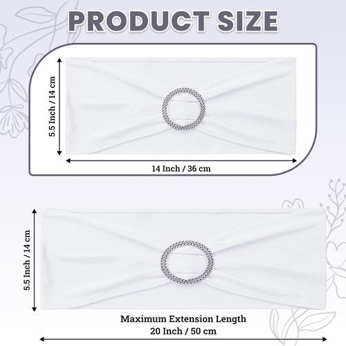 MDS Spandex Chair Sashes - Universal Fit Elastic Stretch Bands with Buckle Slider Bow | 125 Pack - White