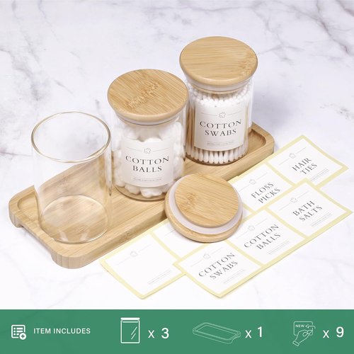 INIUNIK Qtip Holder - 3 Pack Glass Apothecary Jars with Lids | Stylish Bathroom Organizers Set