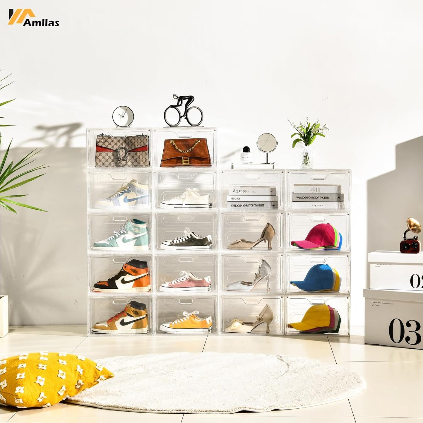 Amllas Clear Plastic Shoe Boxes - Stackable Large Storage Organizers with Lids | Fits Up to US Size 13 (13” x 10.6” x 8.3”)