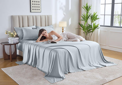 Pure Bamboo Queen Sheets - Luxuriously Soft & Cooling 100% Organic Viscose Bed Set | Glacier Color