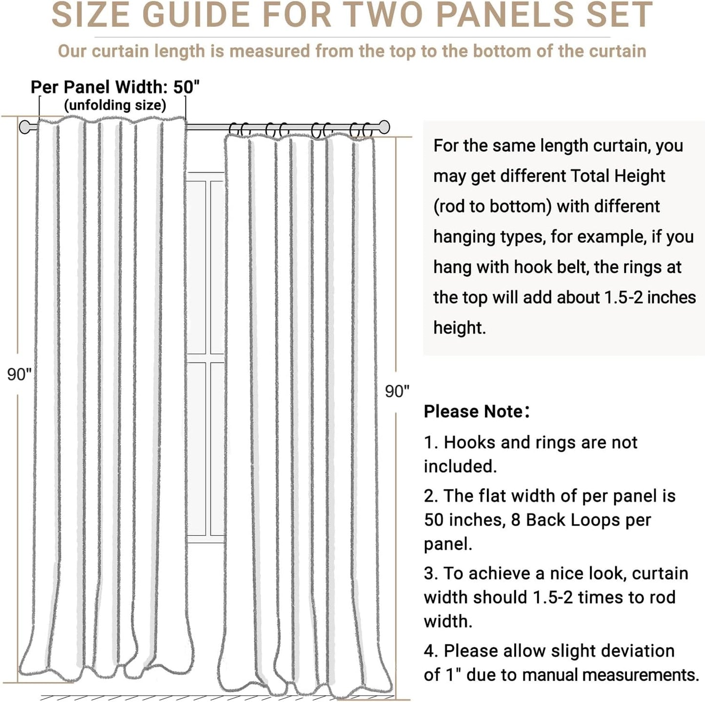 Skiennix 100% Blackout Linen Curtains - Thermal Insulated Drapes for Bedroom | 90" Long, Cream, 2 Panels Set