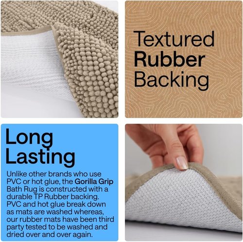 GORILLA GRIP Bath Rug Mat - Thick Absorbent Chenille | Quick Dry Microfiber, 44x26, Gray Beige