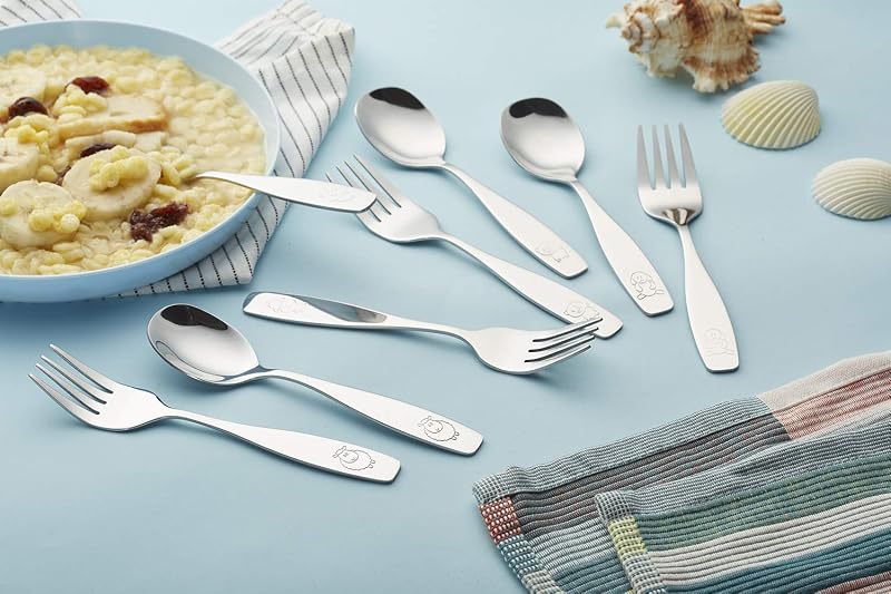 Kids Stainless Steel Flatware Set 6 Pieces - 3 Forks & 3 Spoons, Engraved Dog Bunny (Variation Stainless Steel+1)