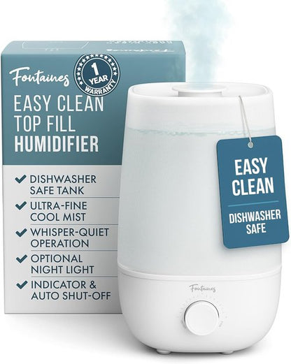 Fontaines Luxury Cool Mist Humidifier - 360° Ultra-Fine Spray, Whisper-Quiet, Easy to Clean, Auto Shut-Off, Nightlight