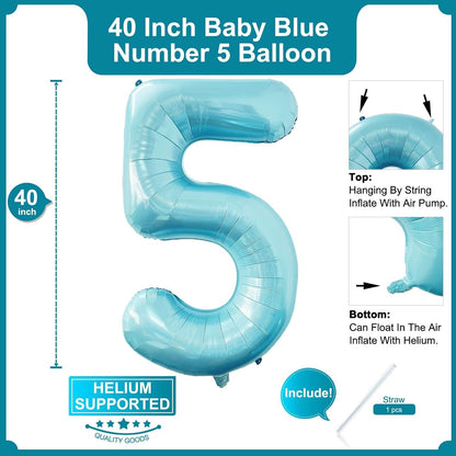Skiennix 40-Inch Baby Blue Number 5 Balloon - Jumbo Foil Mylar for 5th Birthday Party Decor