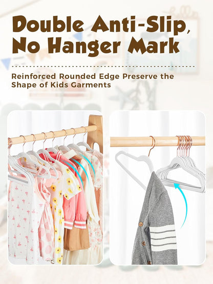 Smartor Kids Velvet Hangers - 50 Pack Non-Slip Felt Hangers for Toddler Clothes | 14 Inch, White with Rose Gold Hook