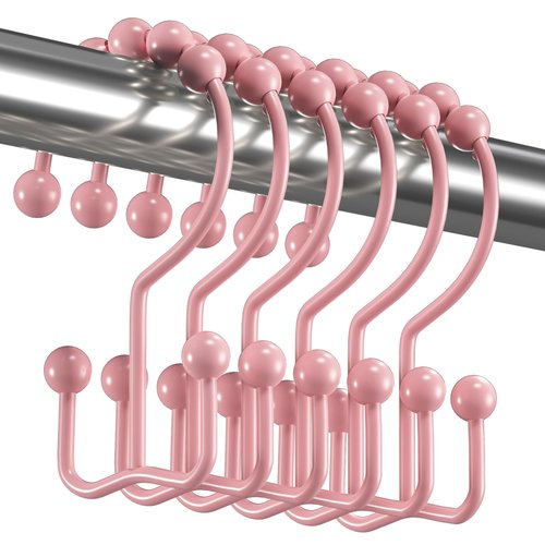 Titanker Shower Curtain Hooks Rings, Rust-Resistant Metal Double Glide Shower Hooks for Bathroom Shower Rods Curtains, Set of 12 Hooks - Light Pink