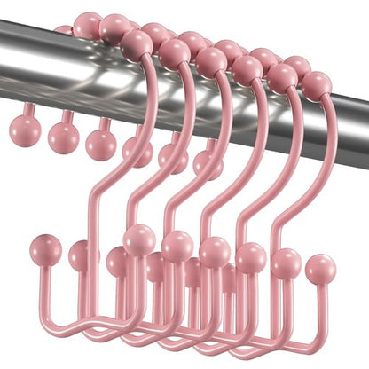 Titanker Shower Curtain Hooks Rings, Rust-Resistant Metal Double Glide Shower Hooks for Bathroom Shower Rods Curtains, Set of 12 Hooks - Light Pink