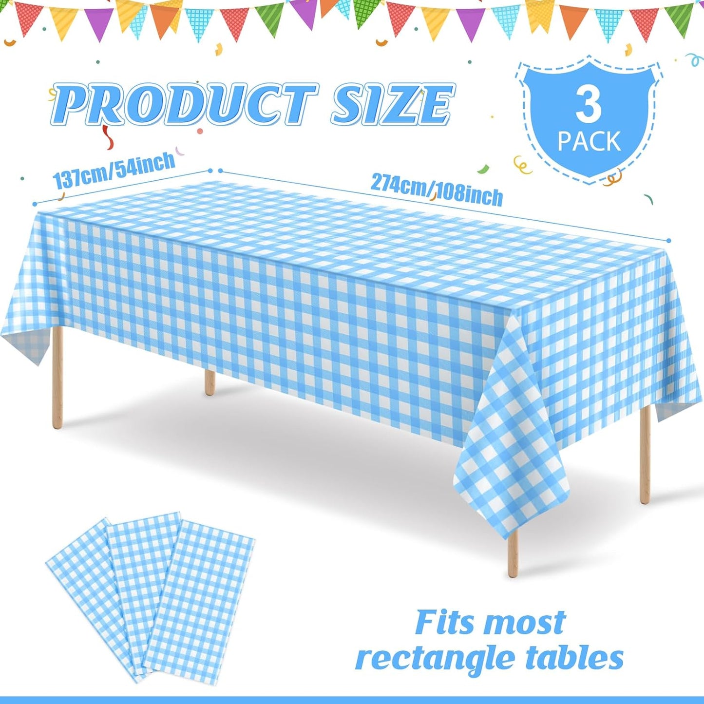 Skiennix Light Blue Gingham Tablecloths - Disposable Plastic Checkered Covers for Parties | 54 x 108 Inch