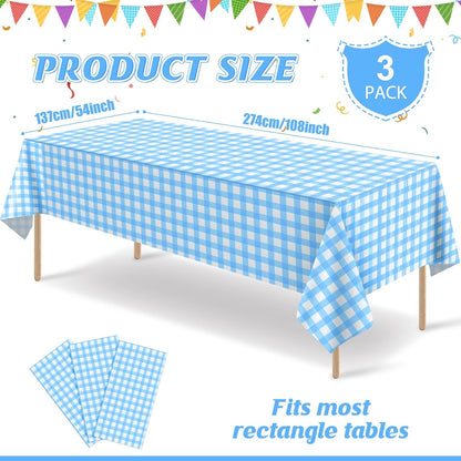 Skiennix Light Blue Gingham Tablecloths - Disposable Plastic Checkered Covers for Parties | 54 x 108 Inch