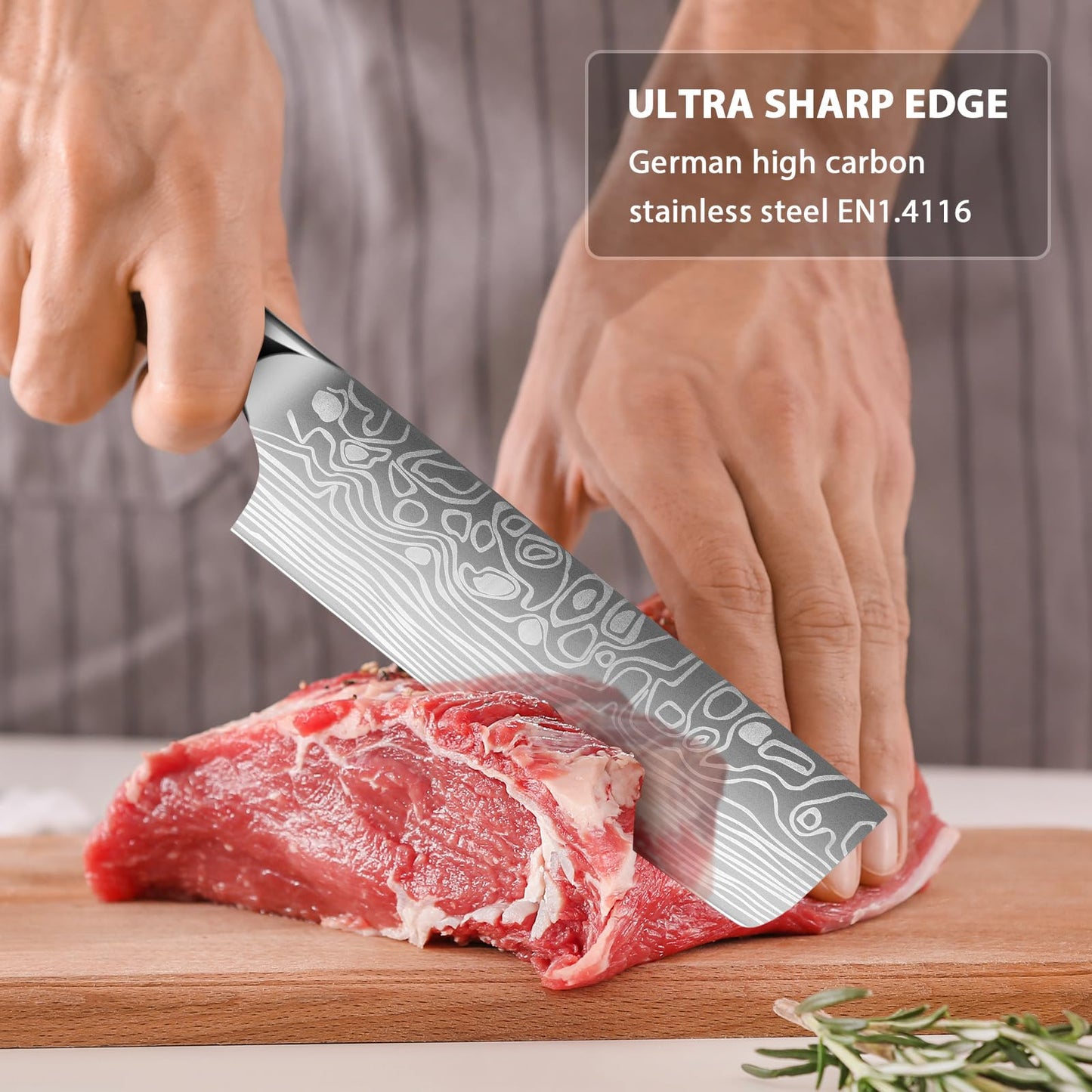 MOSFiATA Nakiri Kitchen Knife, 7”&5.5" Chef Knife Set, Ultra Sharp German Stainless Steel Cleaver Cooking Knife with Ergonomic Handle Gift Box