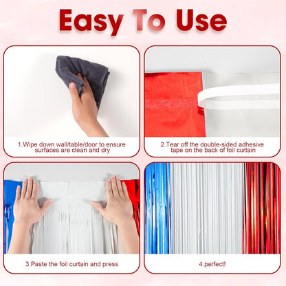 Voircoloria Red, White & Blue Foil Fringe Backdrop Curtains - 3 Pack Tinsel Streamers for Patriotic Celebrations | 3.3 x 8.2 ft