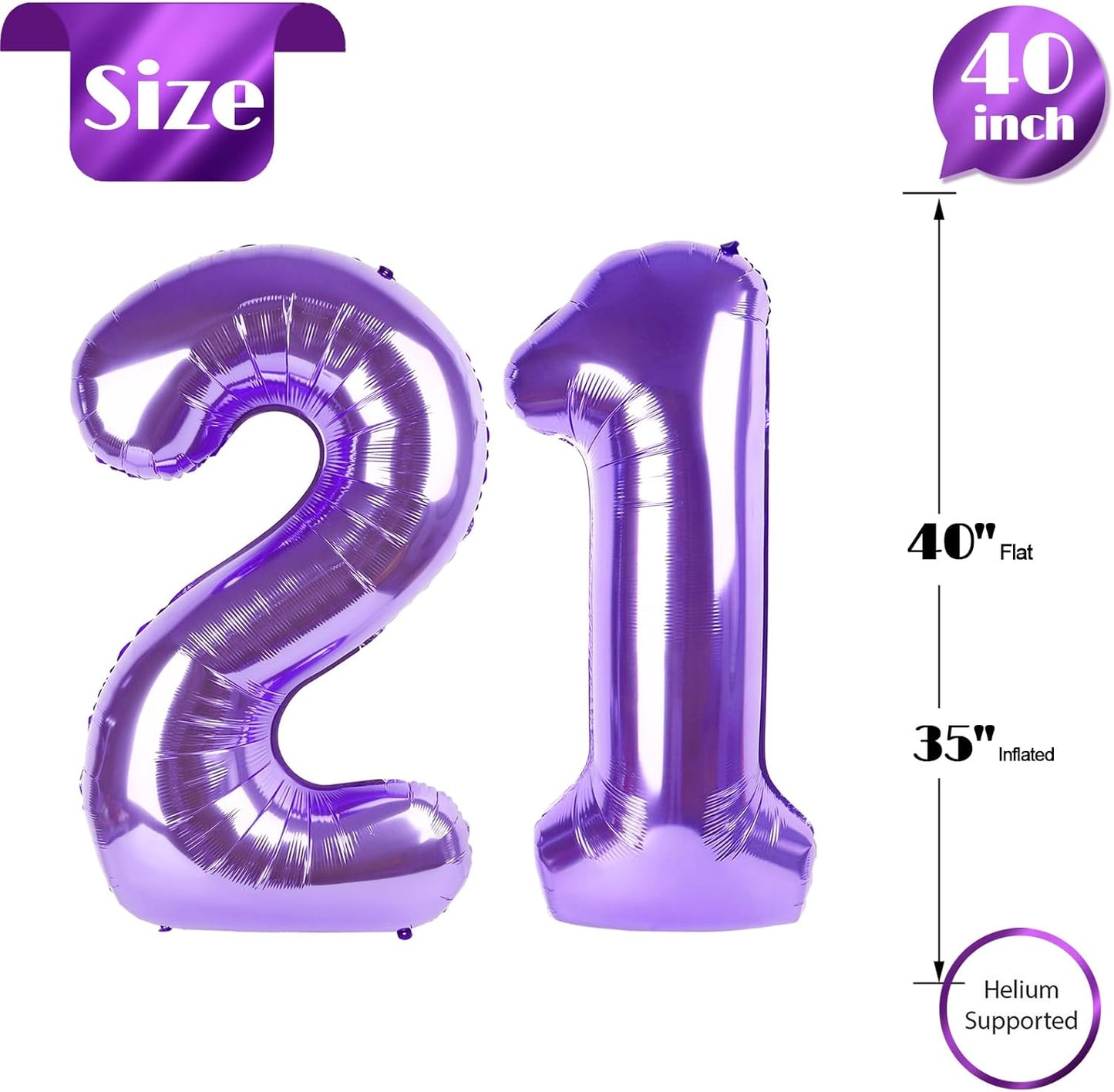 Purple Number 21 Balloon - 40 Inch Birthday Decoration for 21st Party | Perfect for Girls & Boys