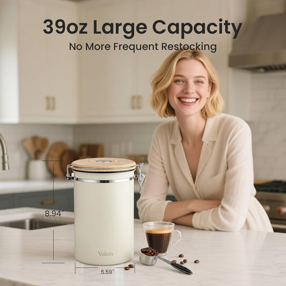 Veken Coffee Canister - 39oz Airtight Stainless Steel Food Storage Container with Date Tracker & Scoop | Cream