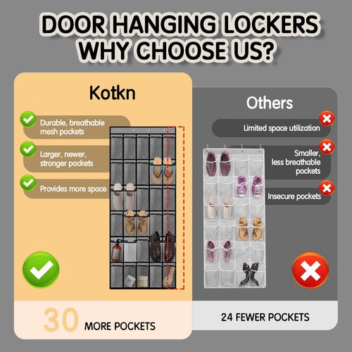 Kotkn Over the Door Shoe Organizer with 30 Breathable Mesh Pockets - Large Capacity Closet Storage for Men & Women, Hanging Shoe Rack Organizer (Gray)