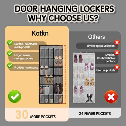 Kotkn Over the Door Shoe Organizer with 30 Breathable Mesh Pockets - Large Capacity Closet Storage for Men & Women, Hanging Shoe Rack Organizer (Gray)