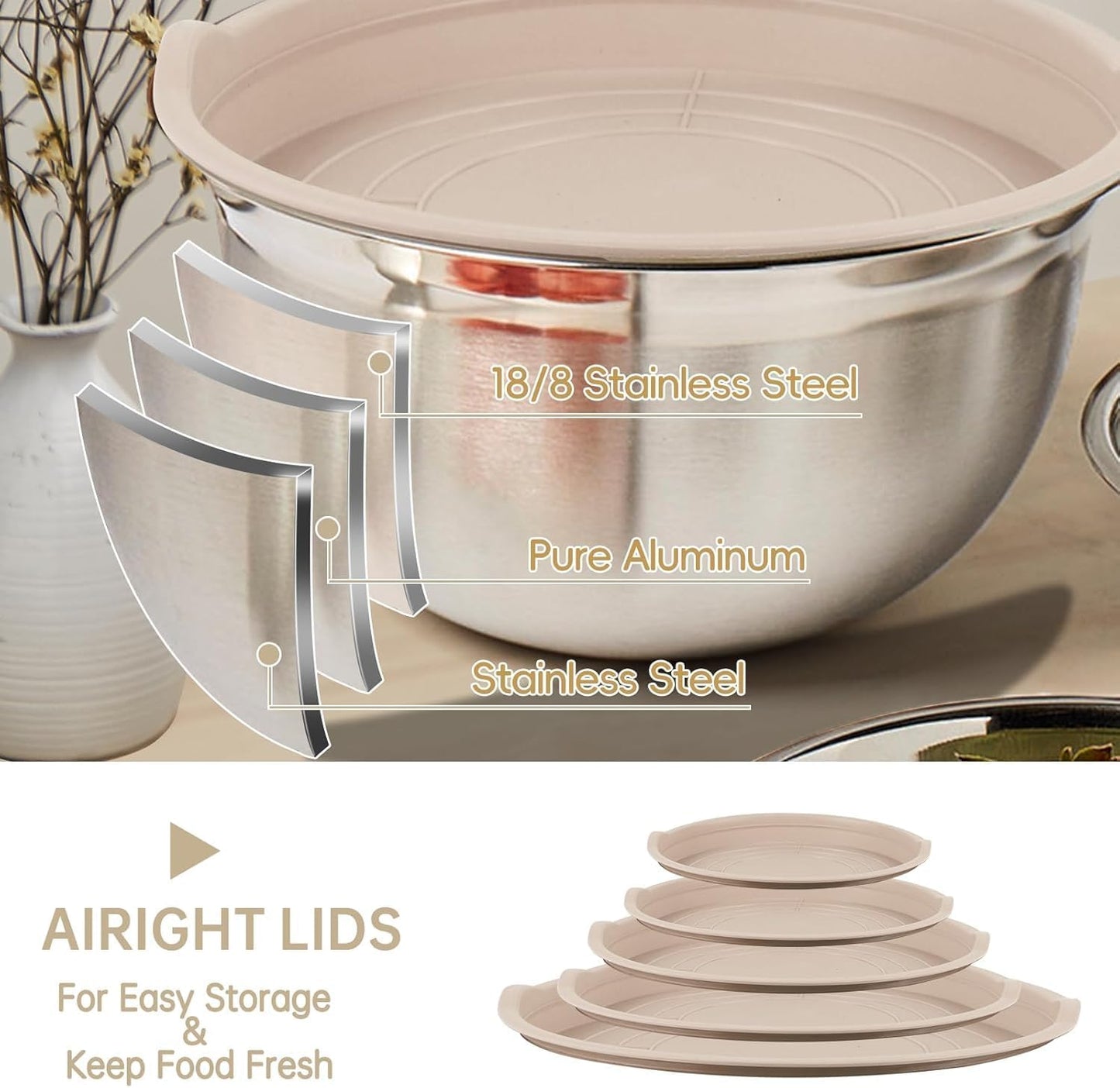 WEPSEN Mixing Bowls Set - 25PCS Khaki Stainless Steel Bowls With Lids | Large 7QT to 1.5QT Sizes for Cooking & Serving