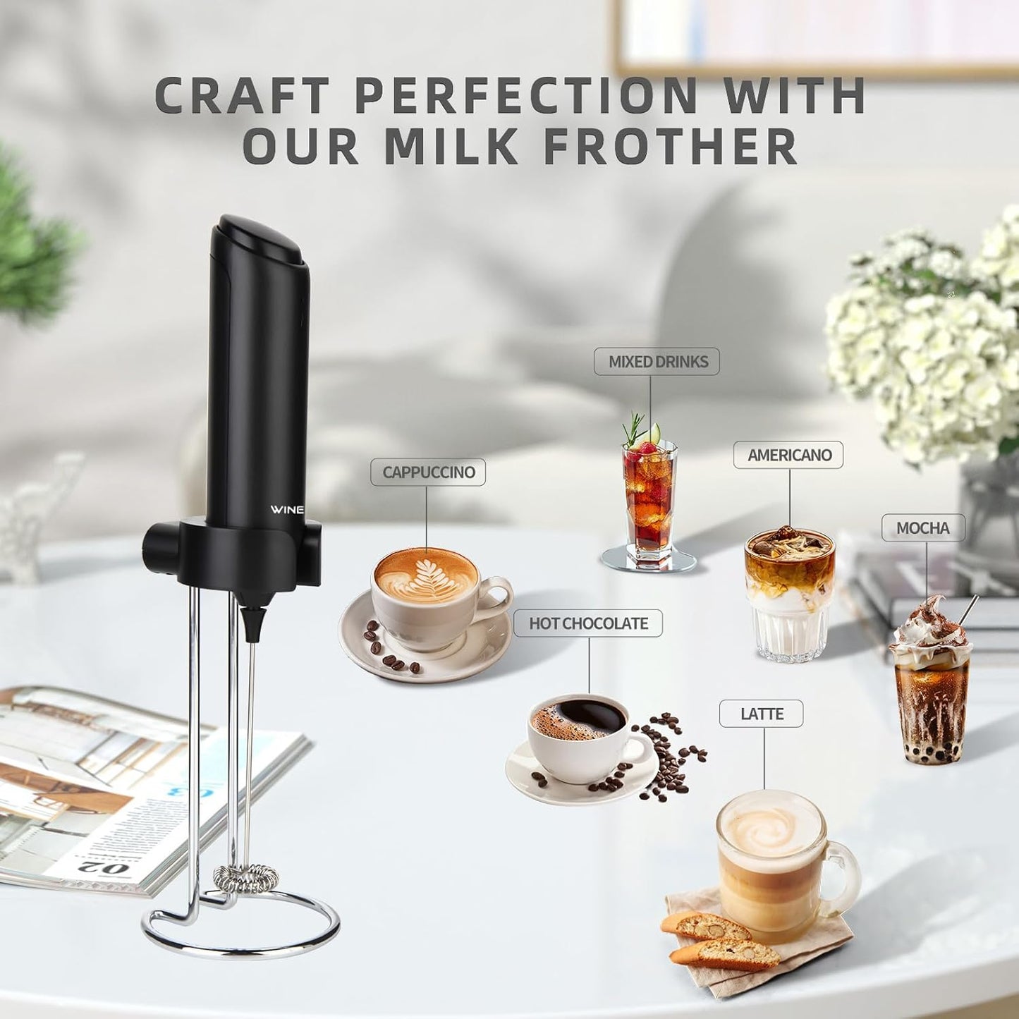 Skiennix Rechargeable Electric Milk Frother - Powerful Handheld Whisk with USB-C Charging Stand | Ideal for Lattes, Hot Chocolate, Matcha