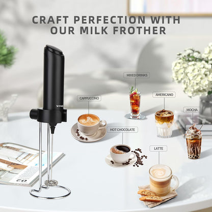 Skiennix Rechargeable Electric Milk Frother - Powerful Handheld Whisk with USB-C Charging Stand | Ideal for Lattes, Hot Chocolate, Matcha