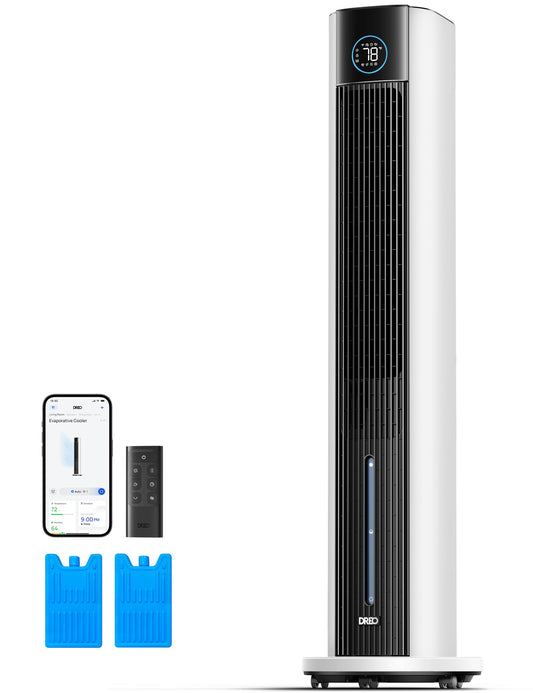 DREO Evaporative Air Swamp Cooler, 43" Cooling Fans that Blow Cold Air 2025 Upgraded, 85° Oscillating Floor Fan for Bedroom, Easy Cleaning, APP Control, Ice Packs, 4 Speeds & 4 Modes, 12H Timer, White